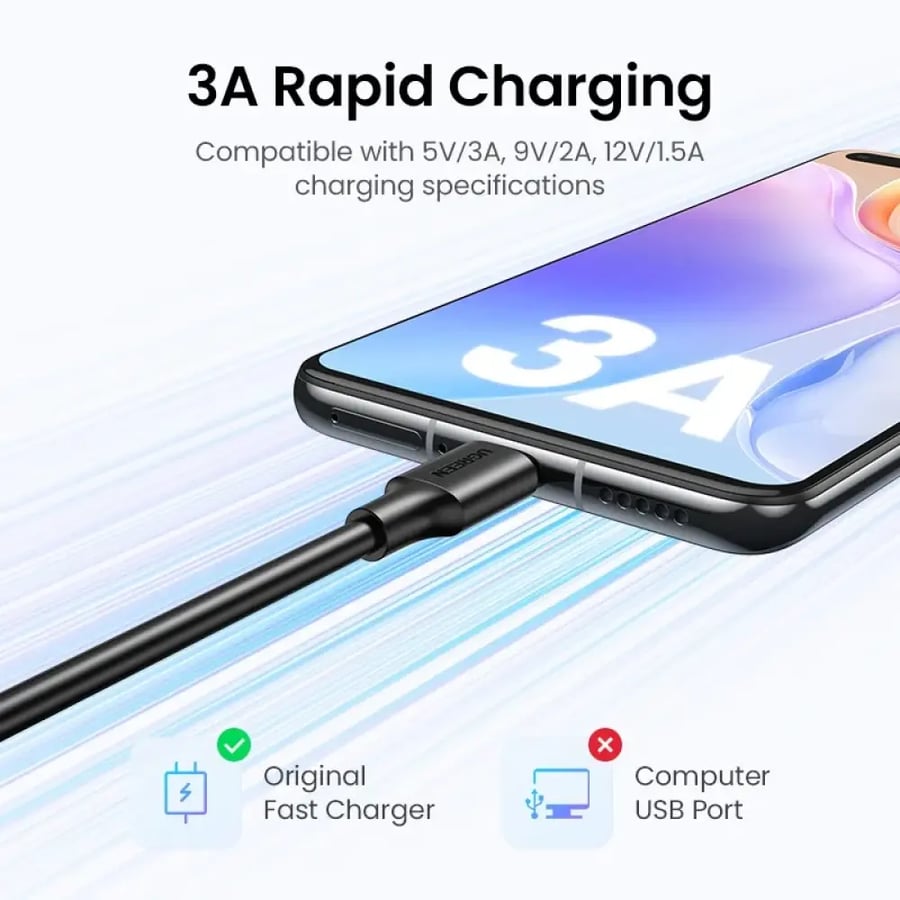 كابل يوقرين USB-A إلى USB-C للشحن السريع 3A بطول 2 متر – أسود