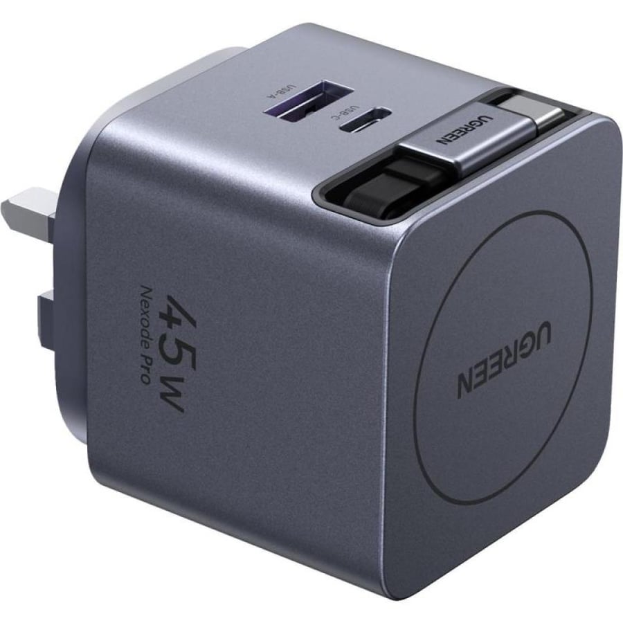 شاحن يوغرين GaN سريع 45 واط مع كابل USB-C قابل للسحب موديل X614