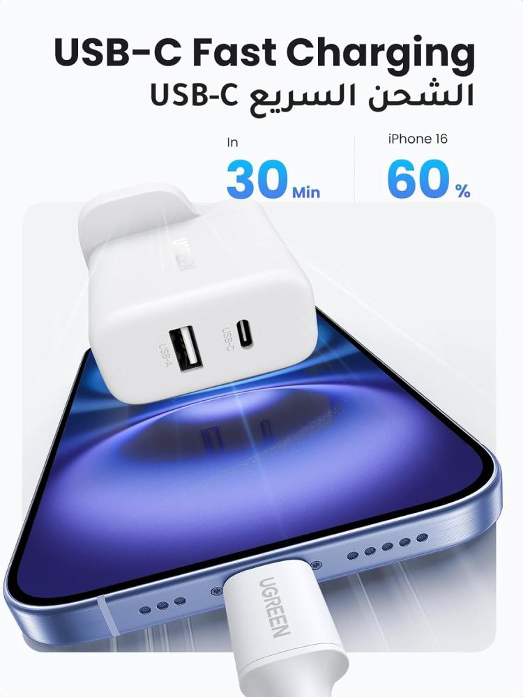 شاحن من يوجرين بمنفذين 20 واط تايب سي - ابيض