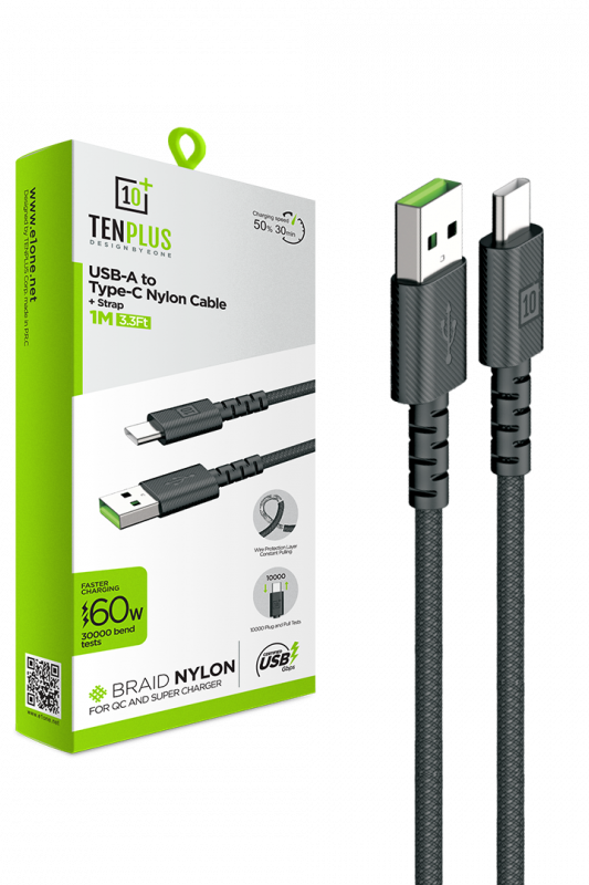 TENPLUS Fabric USB-A to USB-C Type-C Charging Cable 1M 3.3FT Black