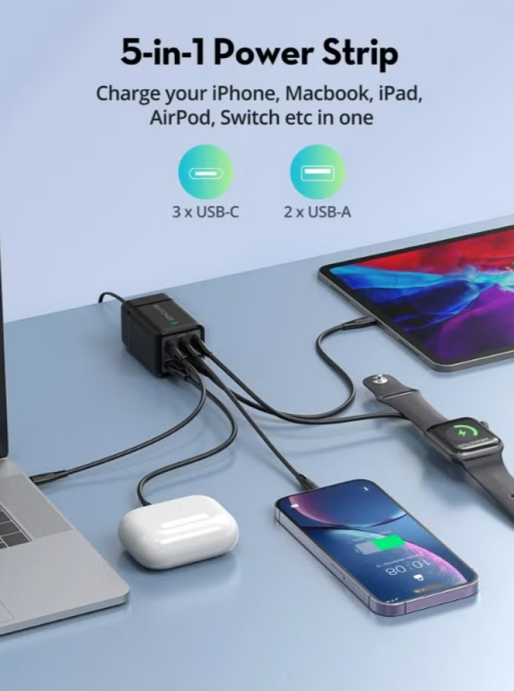 منصة شحن راف بور 5 مخرجات شاحن سريع PD 75 وات موديل RP-PC1045