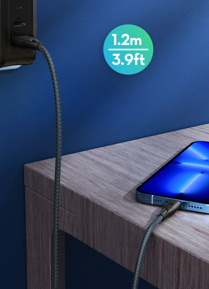 راف باور سلك شاحن قماش من USB-A إلى لايتنينج 1.2 متر  - الأسود