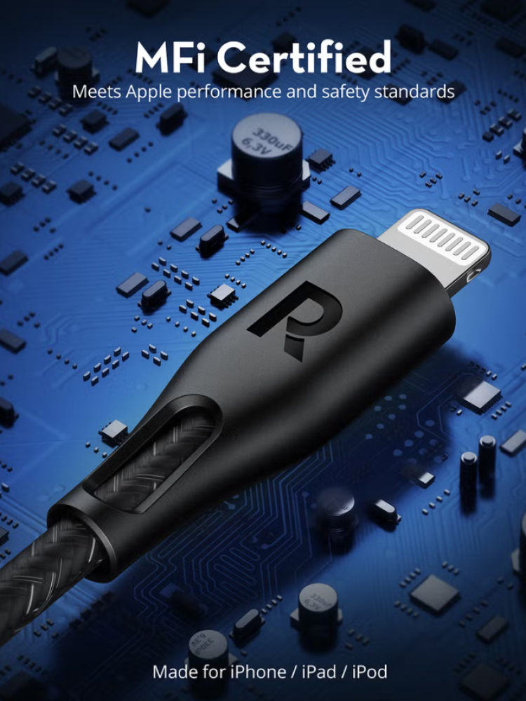 راف باور سلك شاحن قماش من USB-A إلى لايتنينج 1.2 متر  - الأسود