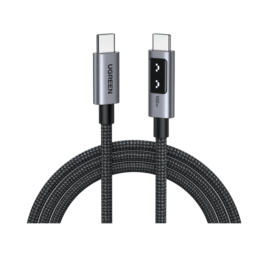 كيبل يوقرين USB-C إلى USB-C بطول 2 متر يدعم الشحن السريع PD بقدرة 100 واط مع شاشة LED أسود