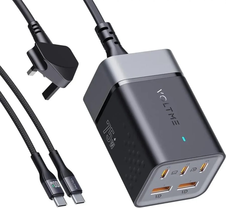 فولتمي شاحن جداري فيتو جو ايز ترافيل مع سلك وبثلاث منافذ USB-C ومنفذين USB وبقوة 75 واط