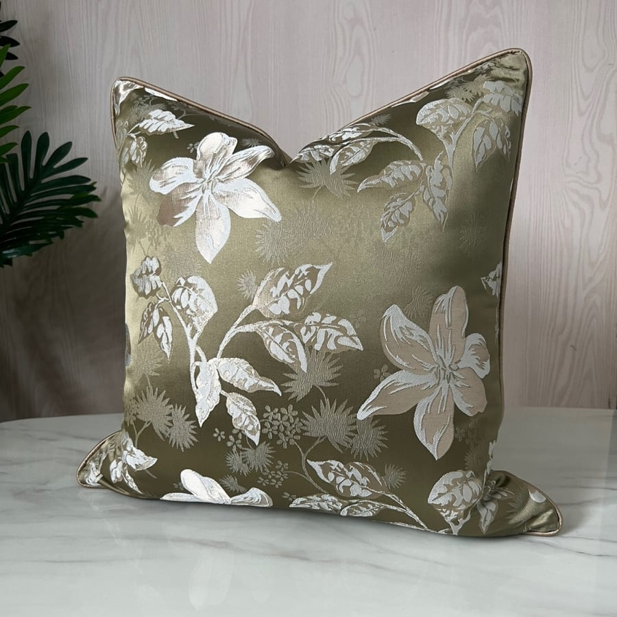Flower and olive green leaves cushion cover
