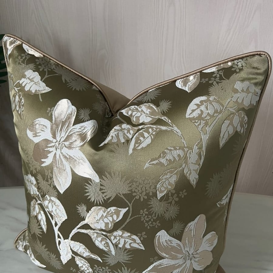 Flower and olive green leaves cushion cover