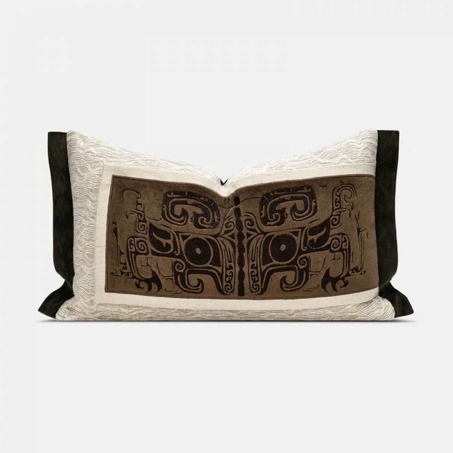 Rectangular beige brown black embroidered pillow