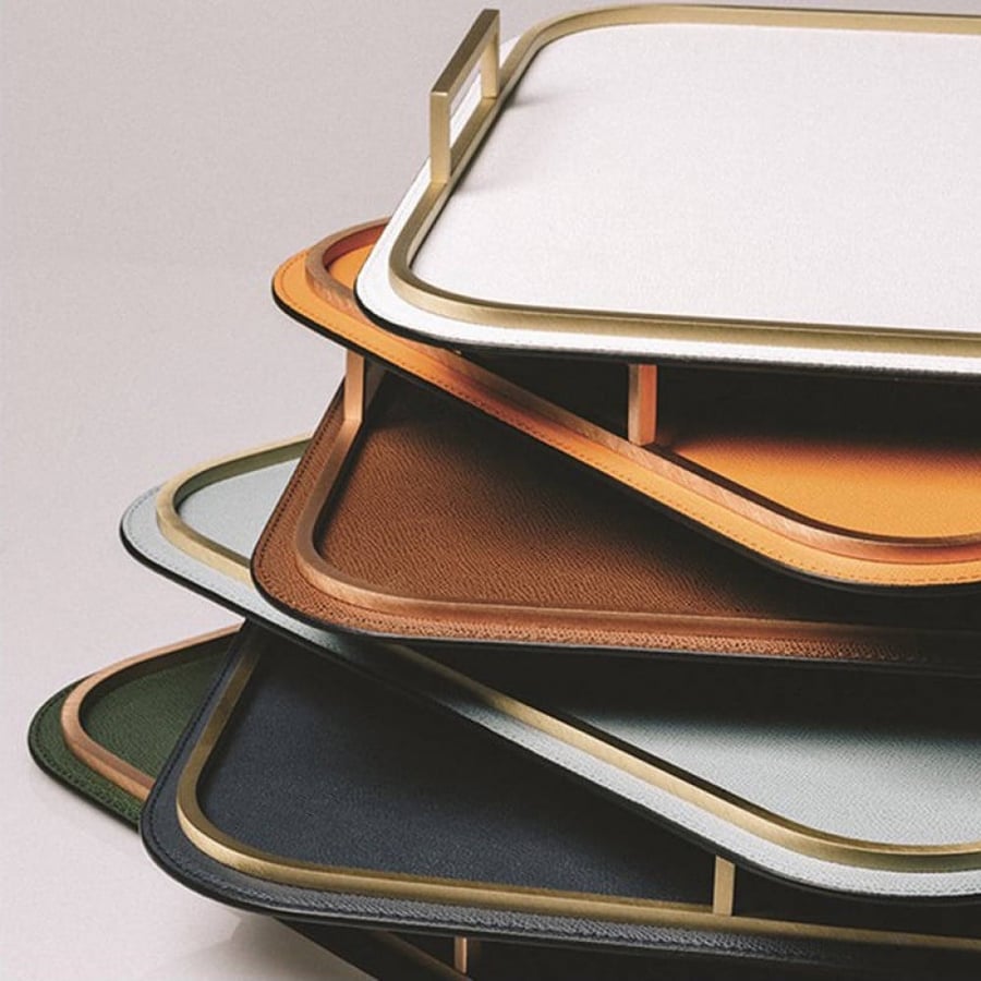 Golden metal-edged leather tray
