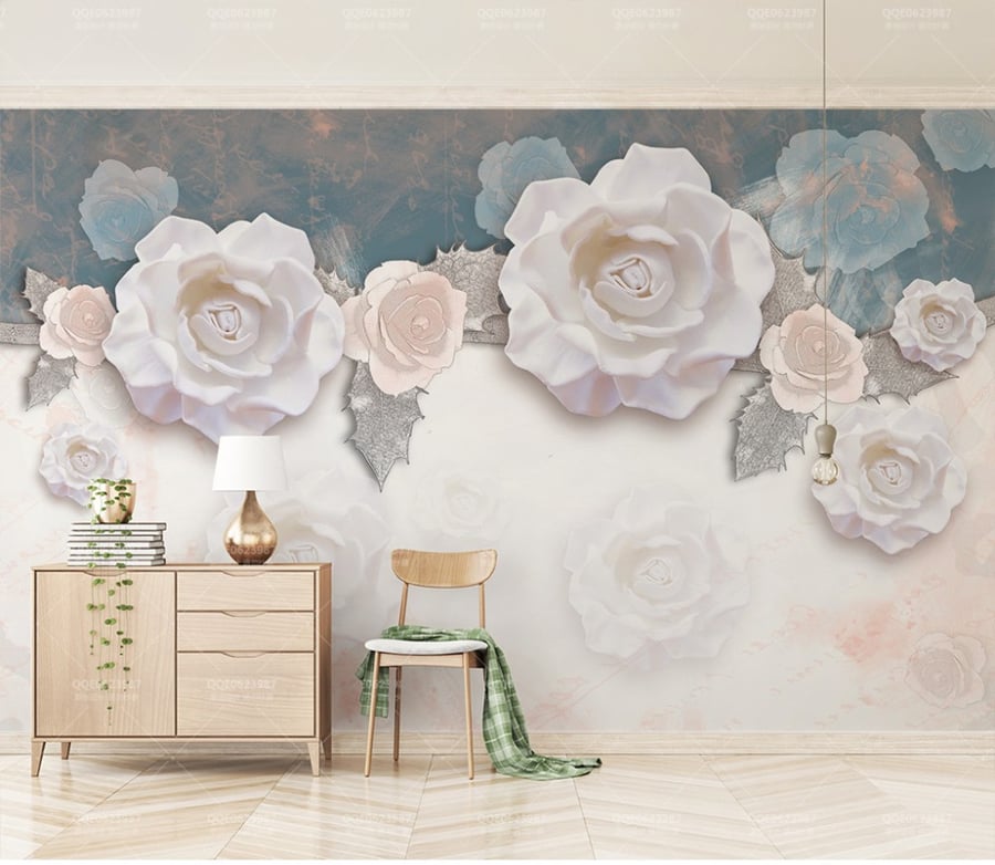 ورق جدران ورود بيضاء ووردية بارزة وزهور زرقاء بخلفية فاتحة F2401-5481