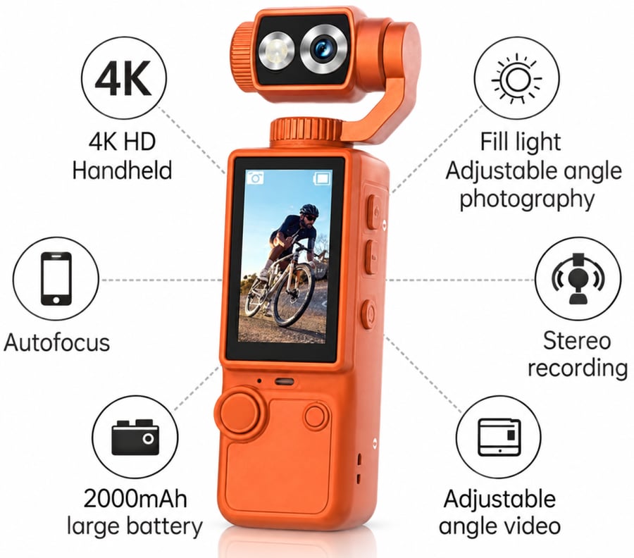 كاميرا AirTab Pocket 4 المحمولة بدقة 4K وعدسة دوارة 180° وشاشة لمس