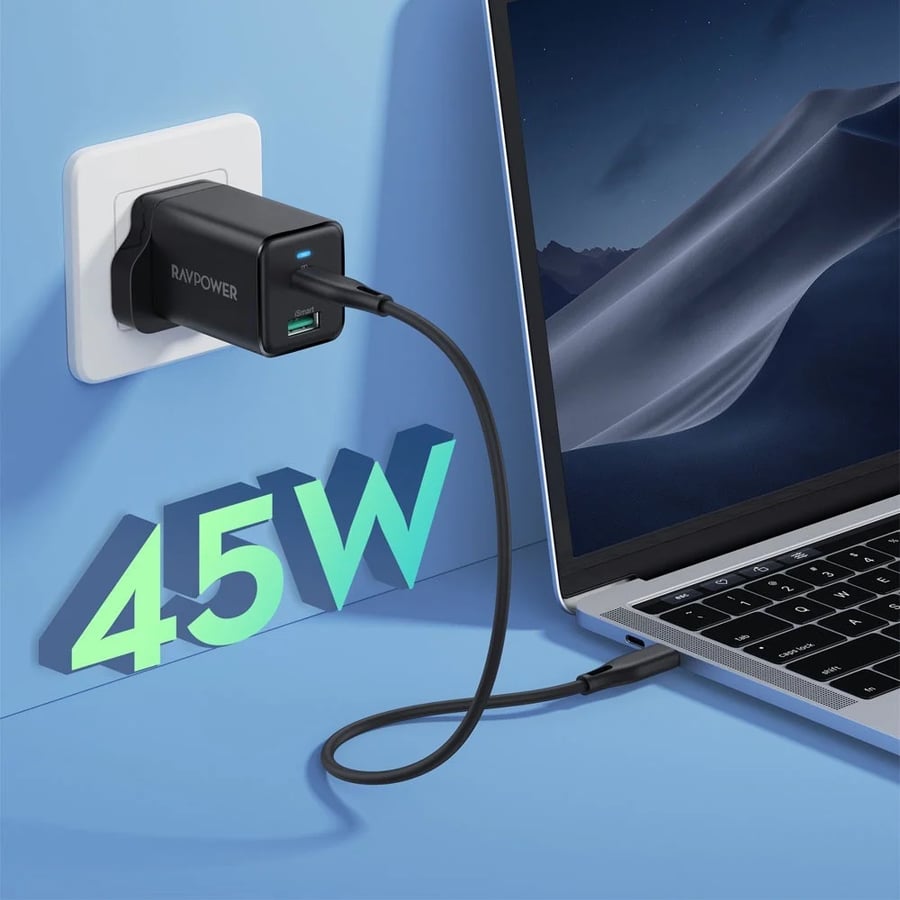 شاحن جداري راف باور بايونير 45 واط بمنفذ USB-C ومنفذ USB-A - اسود