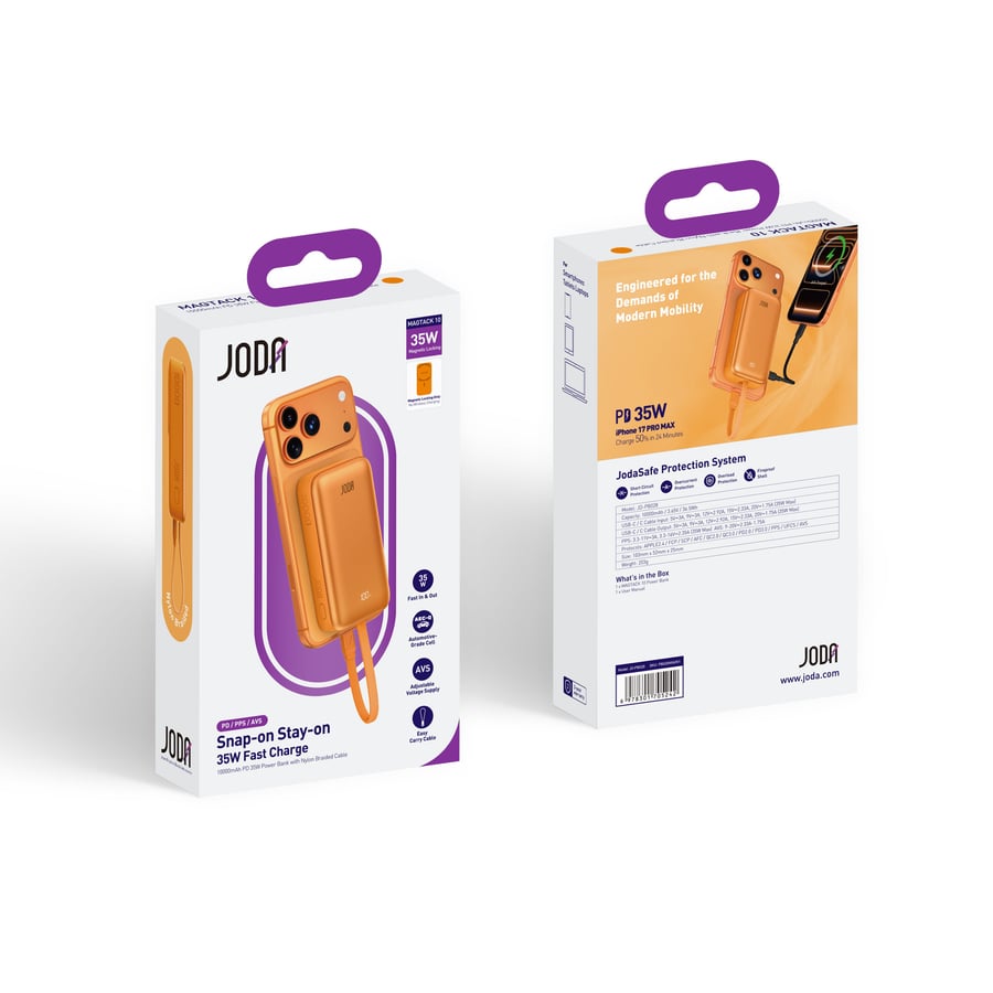 Joda MagTack 10 Power Bank with 10000mAh capacity with fast charging PD 35W and integrated nylon cable – orange color