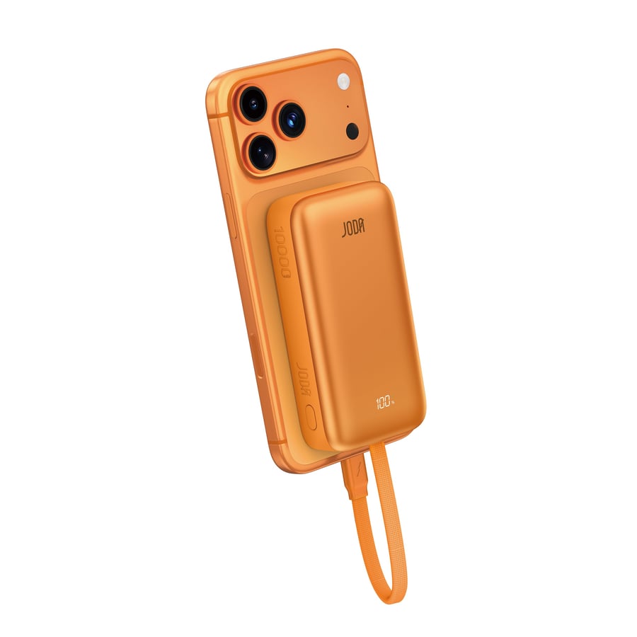 Joda MagTack 10 Power Bank with 10000mAh capacity with fast charging PD 35W and integrated nylon cable – orange color