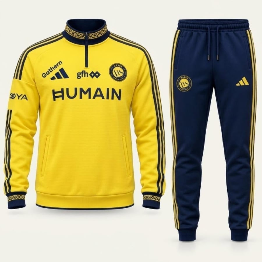طقم نادي النصر الشتوي الاساسي السعودي الموسم 2026-2027 –باللونين الاصفر والكحلي سويتر وبنطال رياضي