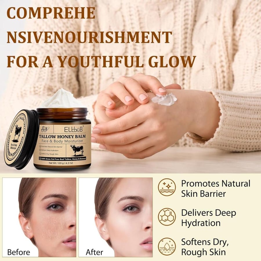 كريم مرطب للجسم والوجه بالعسل الطبيعي وشمع النحل – Tallow Balm – مناسب للبشرة الحساسة
