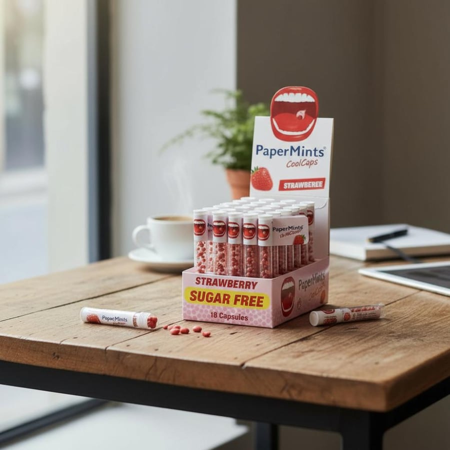 Peppermint flavored mouth capsules with strawberry flavor to refresh breath and eliminate bad breath - one capsule