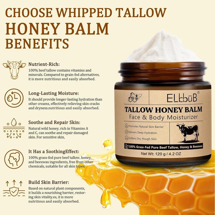 كريم مرطب للجسم والوجه بالعسل الطبيعي وشمع النحل – Tallow Balm – مناسب للبشرة الحساسة