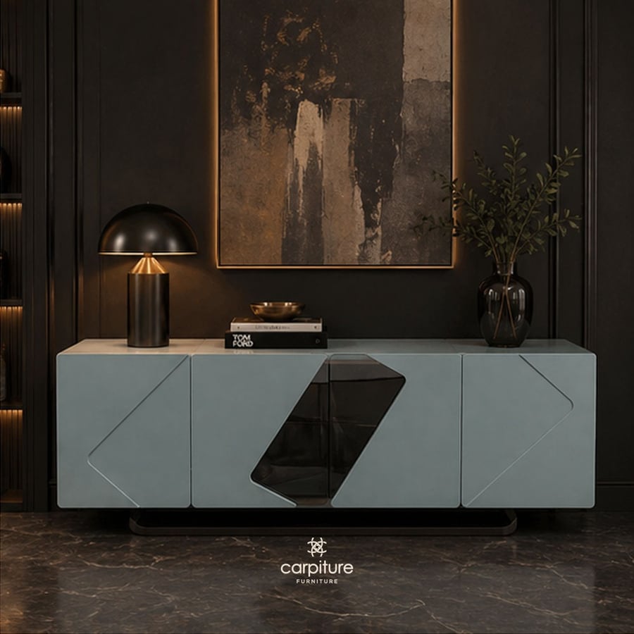 بوفيه مودرن رمادي بتصميم هندسي وزجاج