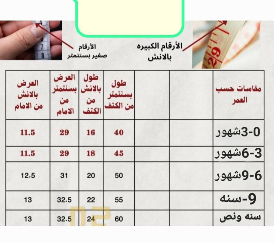 جدول مقاسات ملابس أطفال-متجر فرح