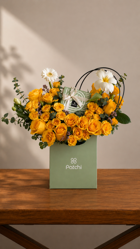 Patchy with flower arrangement