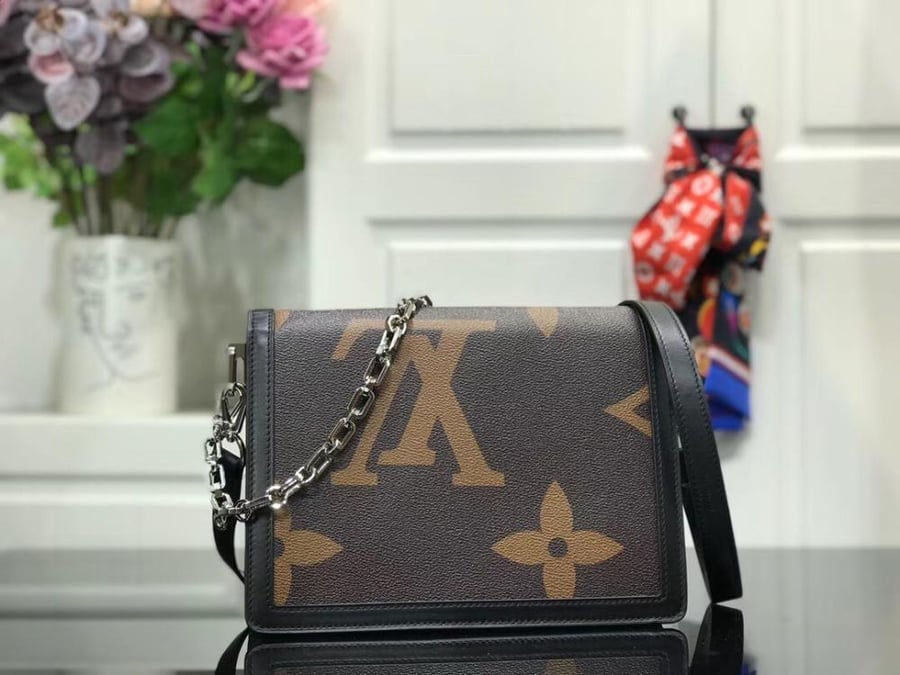 Dauphine Brown Reverse Oversized Monogram Crossbody Bag with Black Trim