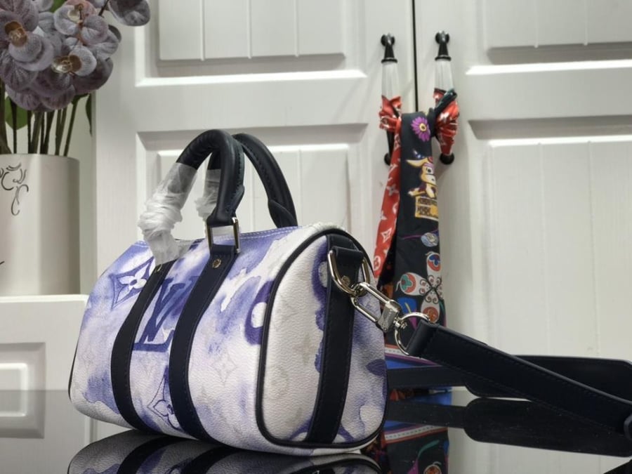 Mini White and Blue Watercolor Monogram Barrel Crossbody Bag