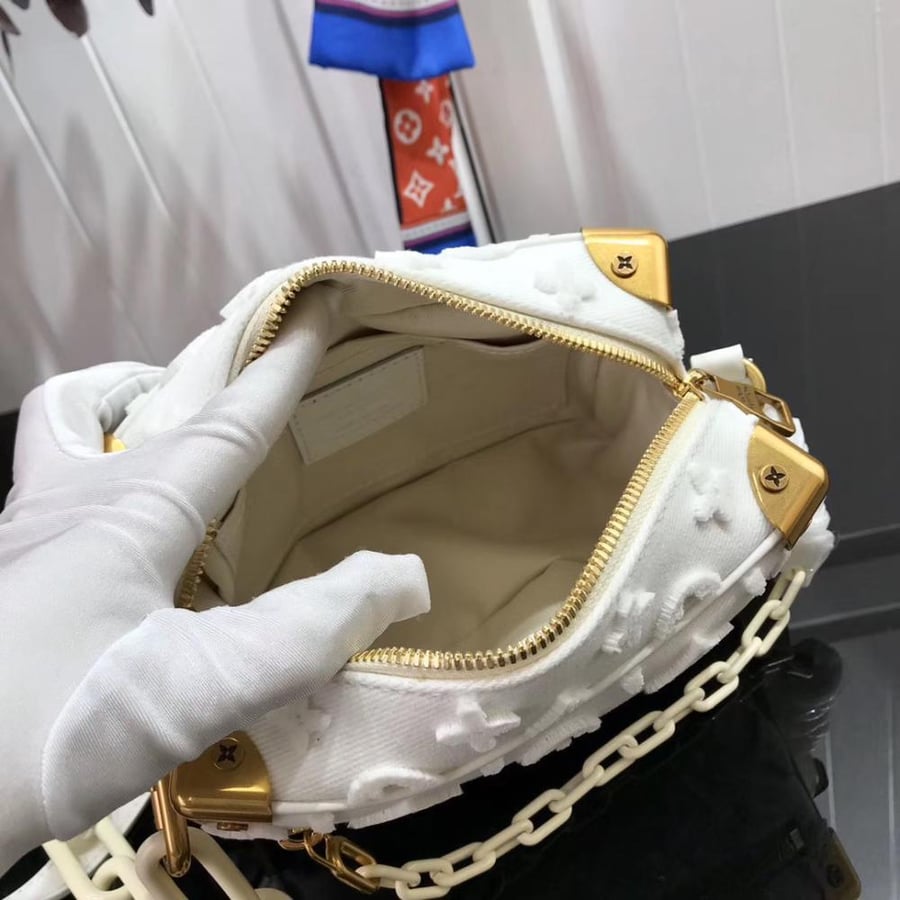 White Embossed Monogram Mini Soft Trunk Bag with Chain
