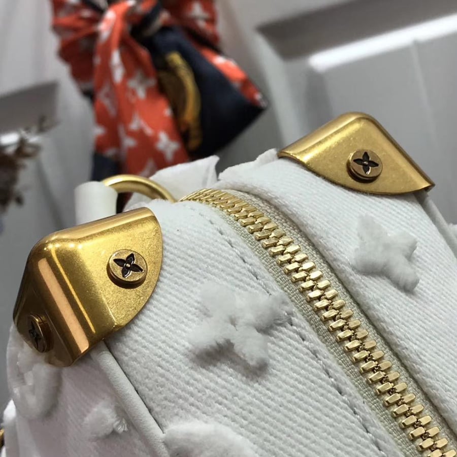 White Embossed Monogram Mini Soft Trunk Bag with Chain