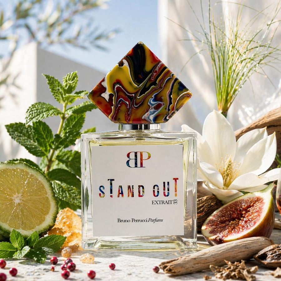 Stand Out Bruno Perrucci Parfums 50 ML bottle with a multicoloured cap