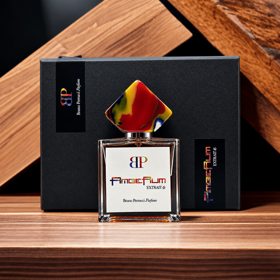 AmbeRum Bruno Perrucci Parfums 50 ML bottle with a multicoloured cap o