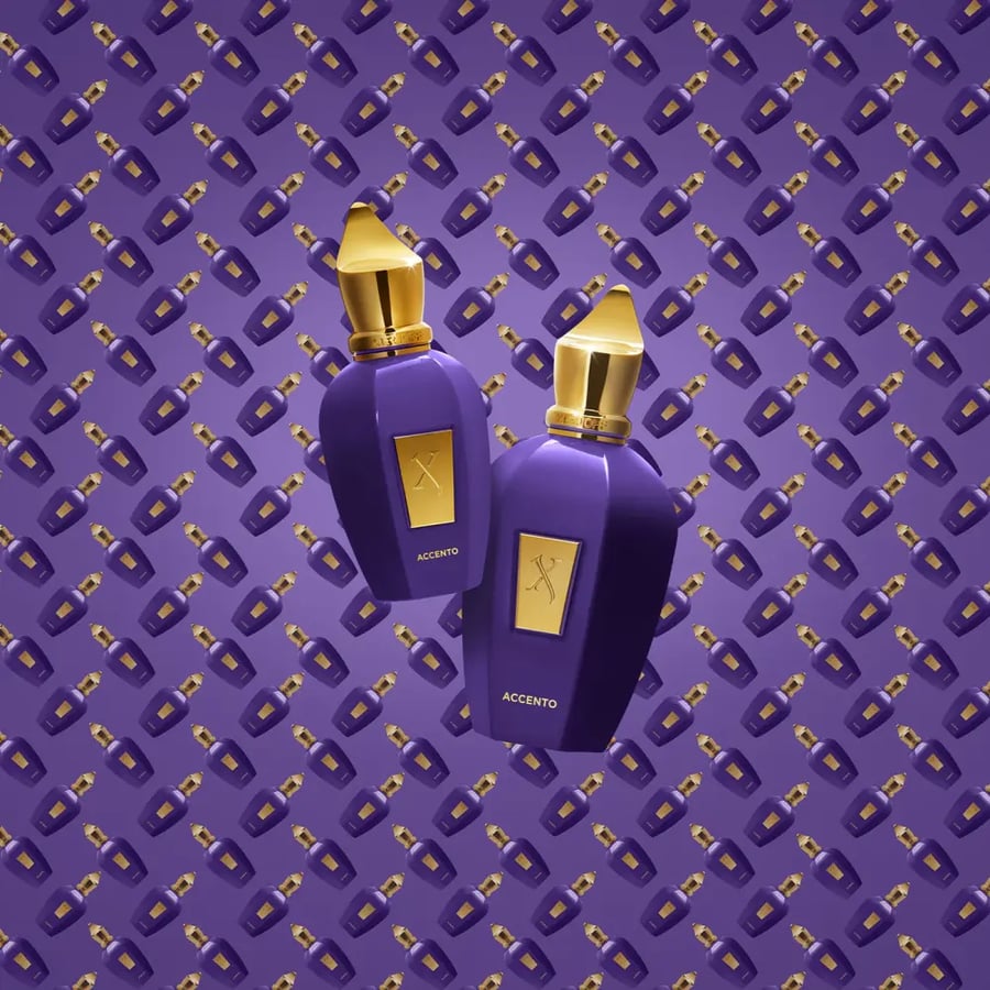 Xerjoff Accento 100 ml purple perfume bottle with a gold cap on a whit