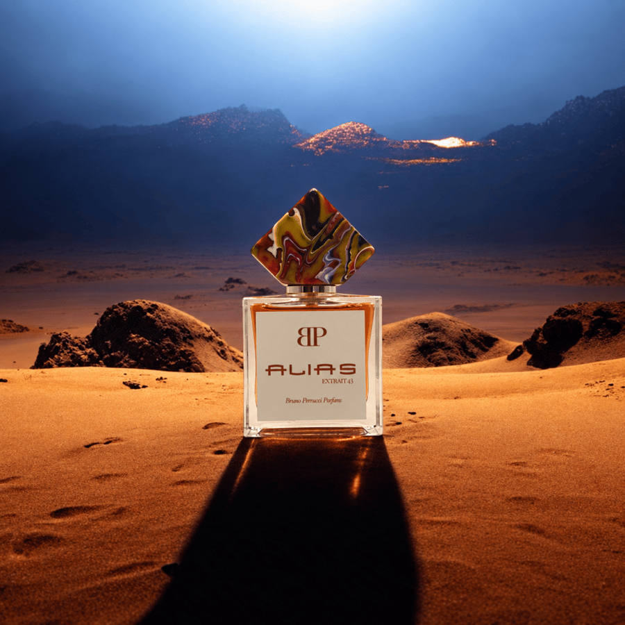 Alias Bruno Perrucci Parfums 50 ML bottle with a multicoloured cap on
