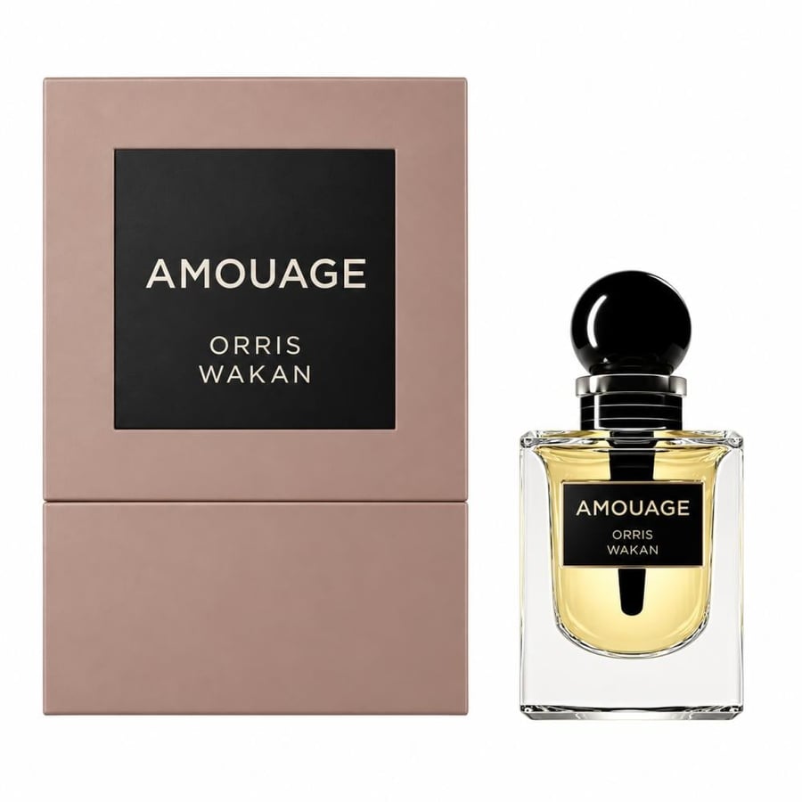Amouage Orris Wakan 12 ml perfume oil bottle with a black spherical ca