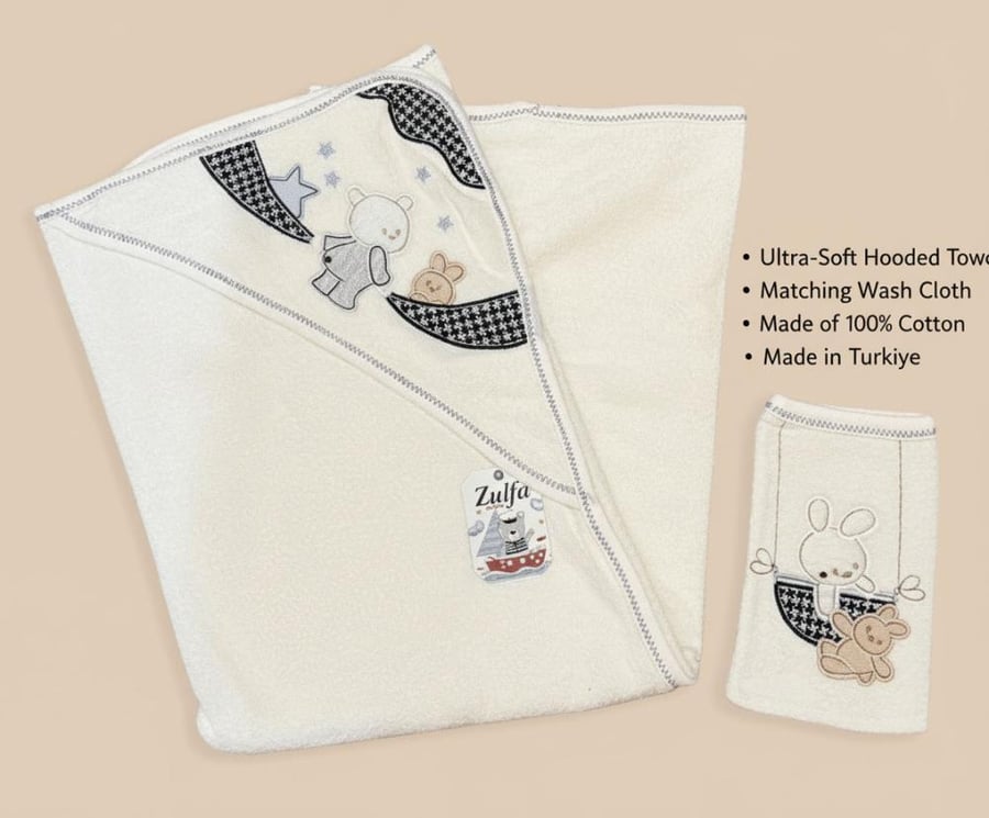 Hooded baby bath towel with a wash mitt  -  منشفة استحمام للأطفال مزودة بغطاء رأس وقفاز غسيل.