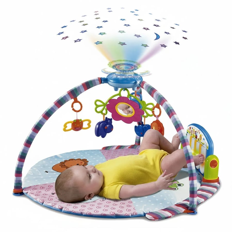 A multi-functional play mat for children with a built-in piano and projector  -  سجادة لعب متعددة الوظائف للأطفال مزودة ببيانو وجهاز عرض مدمجين.