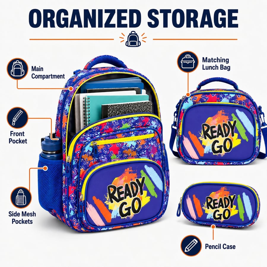 Colorful Backpack Set, 3-Piece School Bag Set with Backpack, Lunch Bag and Pencil Case