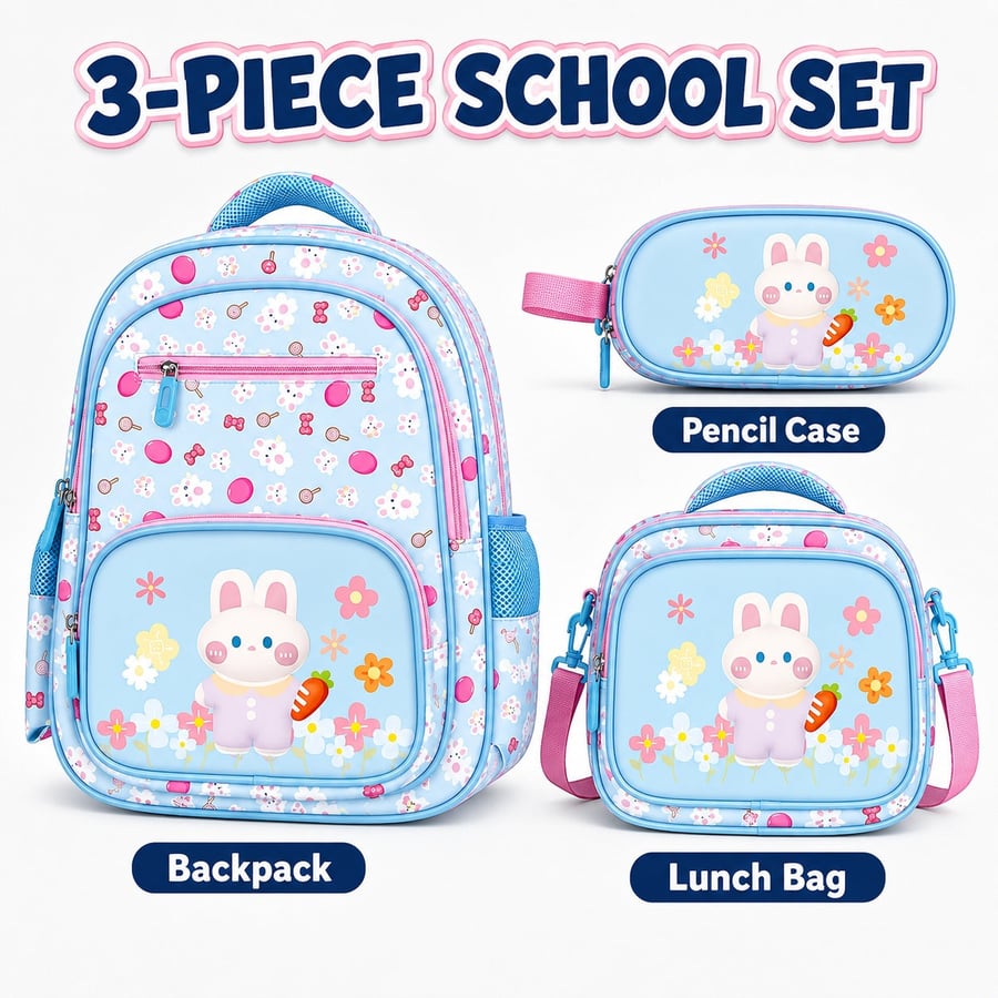 Bunny Backpack Set for Girls, 3-Piece School Bag Set with Backpack, Lunch Bag and Pencil Case