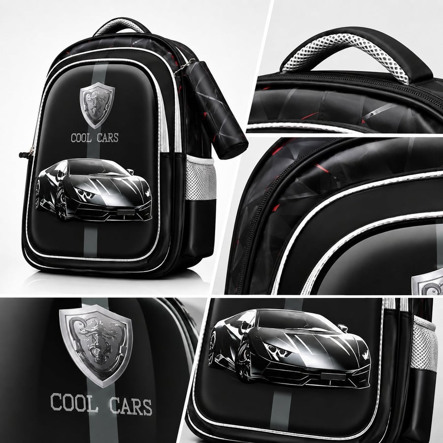 Sports Car Backpack for Boys, Black School Bag with Matching Pencil Case