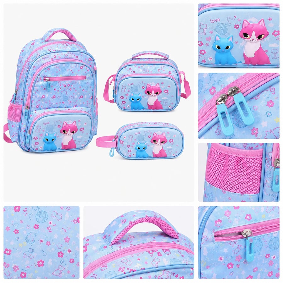 Cat Backpack Set for Girls, 3-Piece School Bag Set with Backpack, Lunch Bag and Pencil Case
