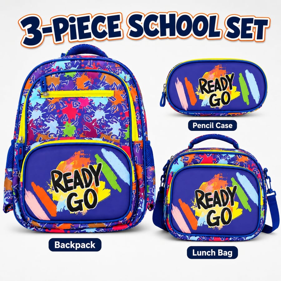 Colorful Backpack Set, 3-Piece School Bag Set with Backpack, Lunch Bag and Pencil Case