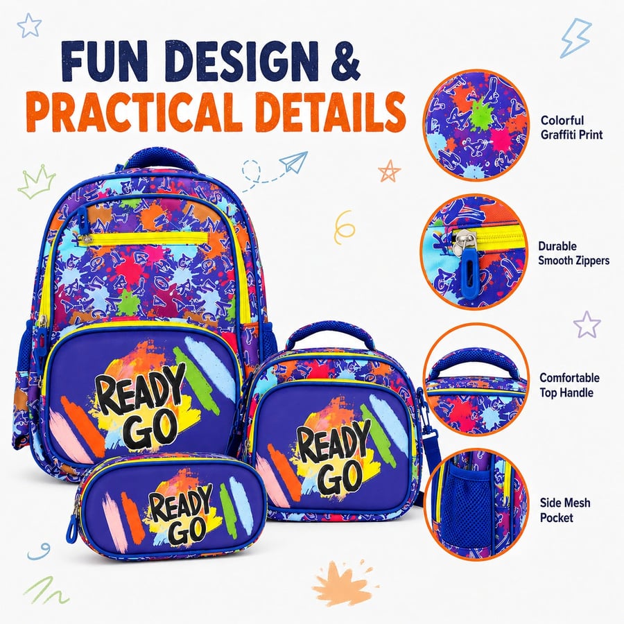 Colorful Backpack Set, 3-Piece School Bag Set with Backpack, Lunch Bag and Pencil Case