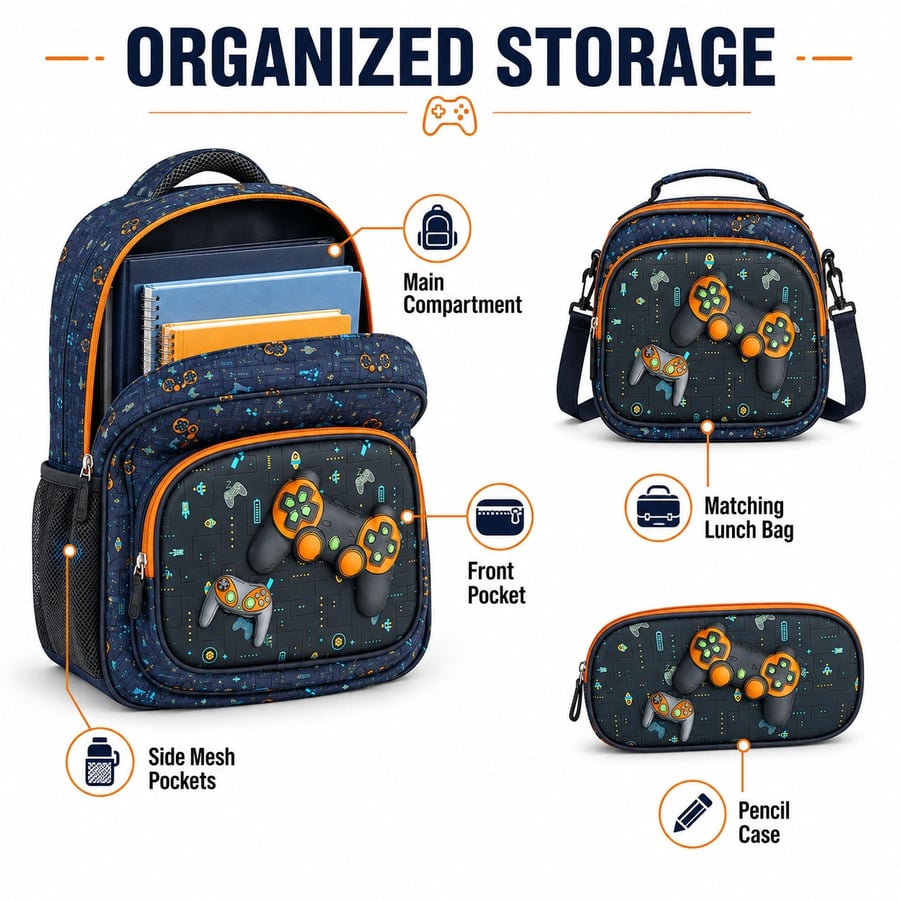 Gaming Backpack Set for Boys, 3-Piece School Bag Set with Backpack, Lunch Bag and Pencil Case
