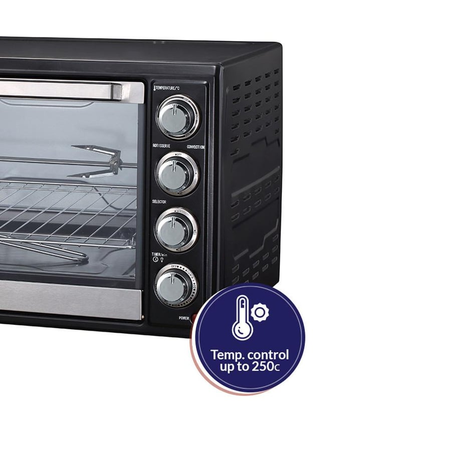 Electric oven, 45-liter capacity, 2000 watts, equipped with a grill, grill function, and power indicator.