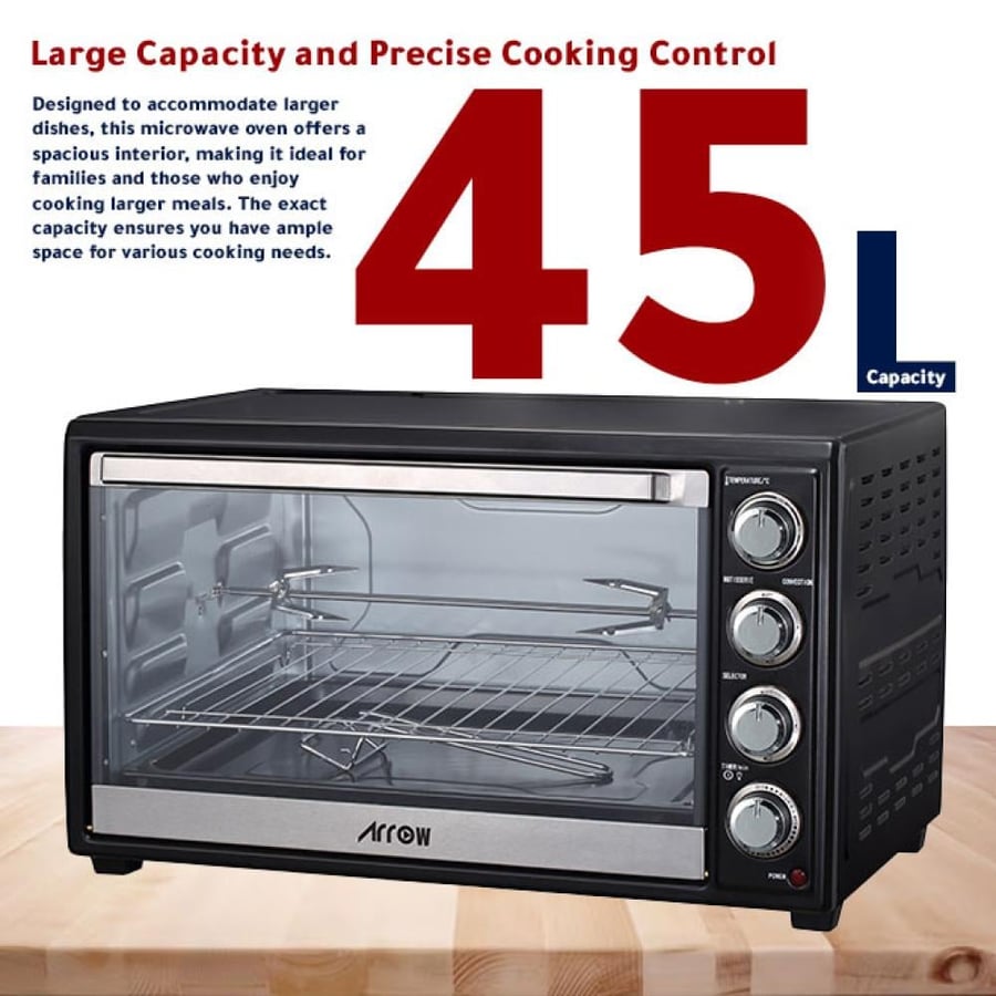 Electric oven, 45-liter capacity, 2000 watts, equipped with a grill, grill function, and power indicator.