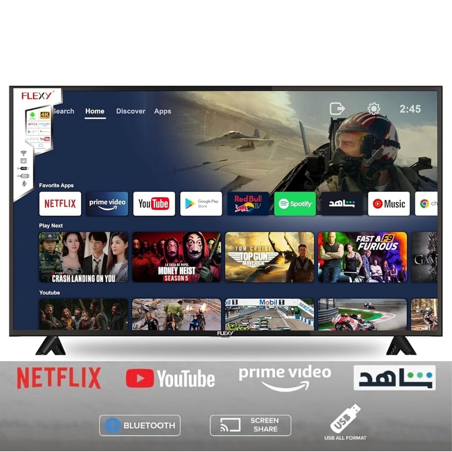 شاشة فلكسي 43 بوصة سمارت - 4K UHD، أندرويد، واي فاي، ضمان سنتين