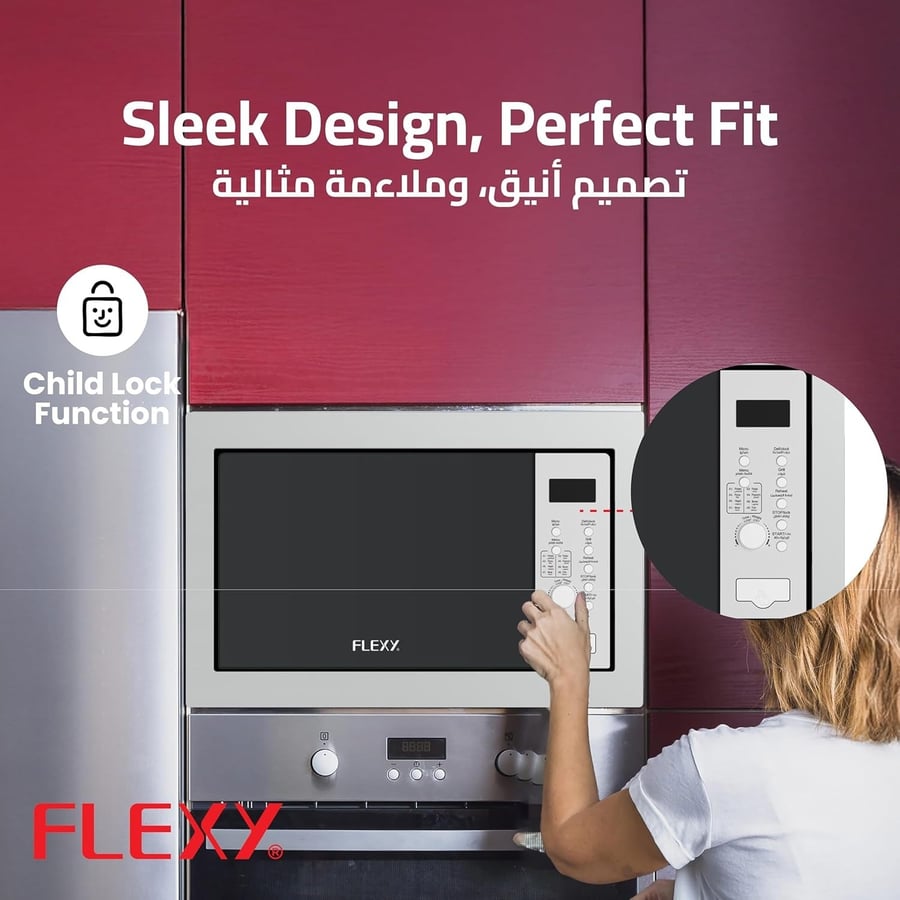Built-in microwave oven 30 liters with grill, 950 watts power, 8 automatic menus, timer, defrost, glass door, control button with handle, from Flesxi®