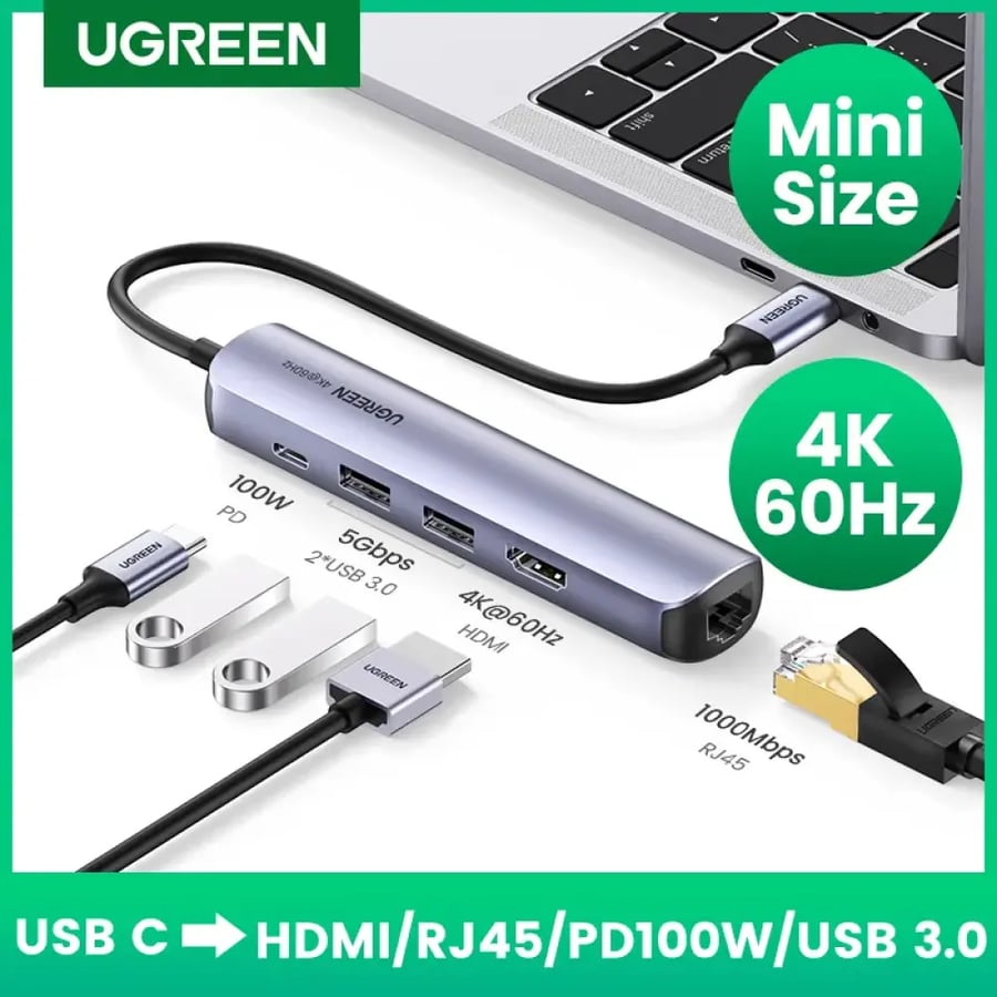 يوجرين محول USB-C إلى 2 منفذ USB 3.0 + HDMI + RJ45 Ethernet + PD