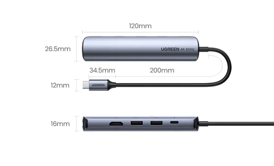 يوجرين محول USB-C إلى 2 منفذ USB 3.0 + HDMI + RJ45 Ethernet + PD