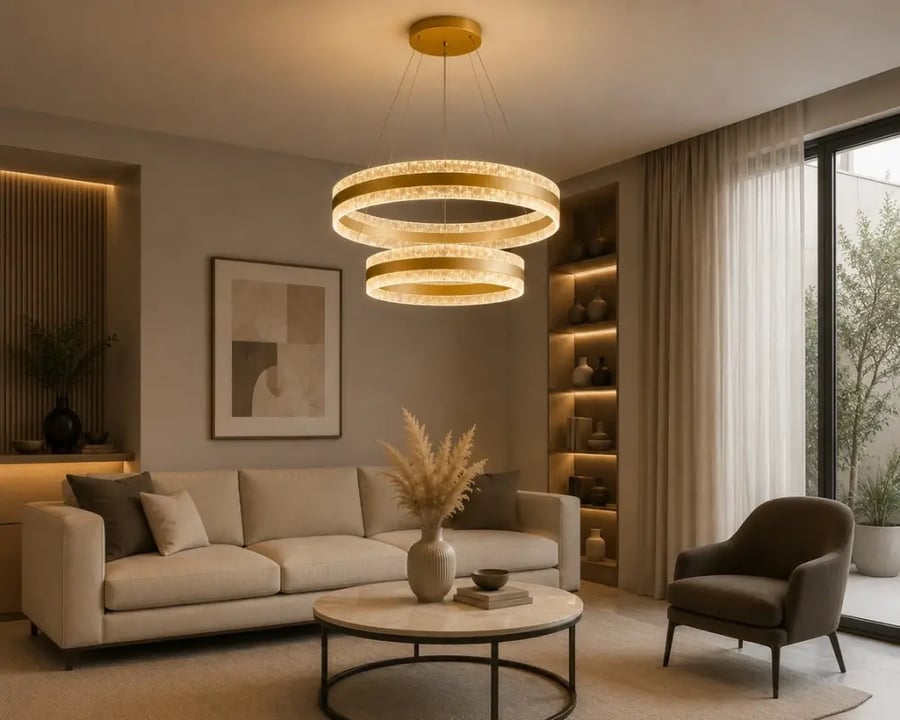 ثريا مودرن ذكية لون ذهبي بتصميم دائري مزدوج من الألمنيوم والأكريليك